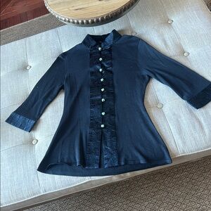 Shanghai Tang Navy Blue Silk Cotten Blend Sheath Top Size Medium